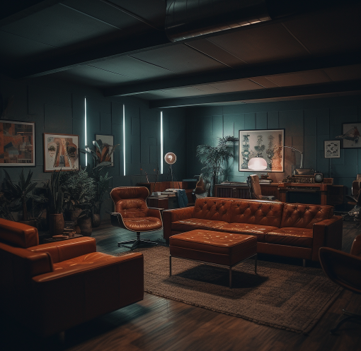 A warmly lit lounge with leather seating, plants, and framed artwork